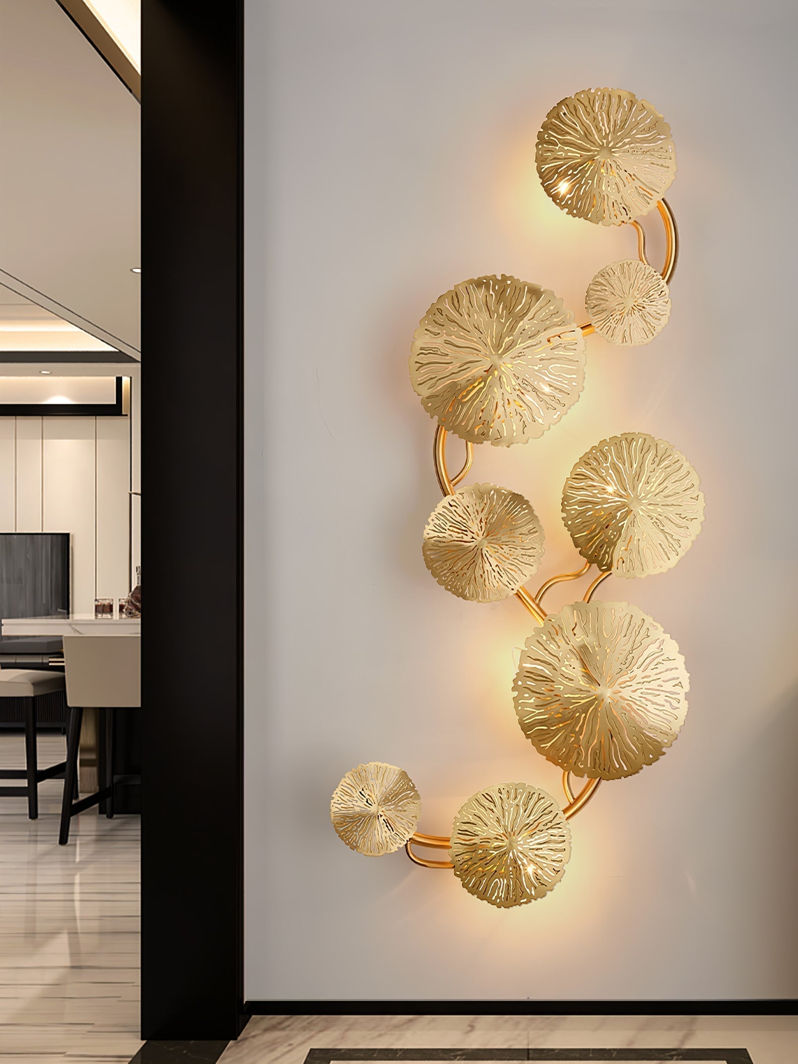 Modern Gilded Lotus Leaf Wall Sconce Artistic Golden Stainless Steel LED Lighting Fixture