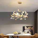 Modern Gingko Leaf Ceramic Crown Chandelier Iron Linear Pendant Light