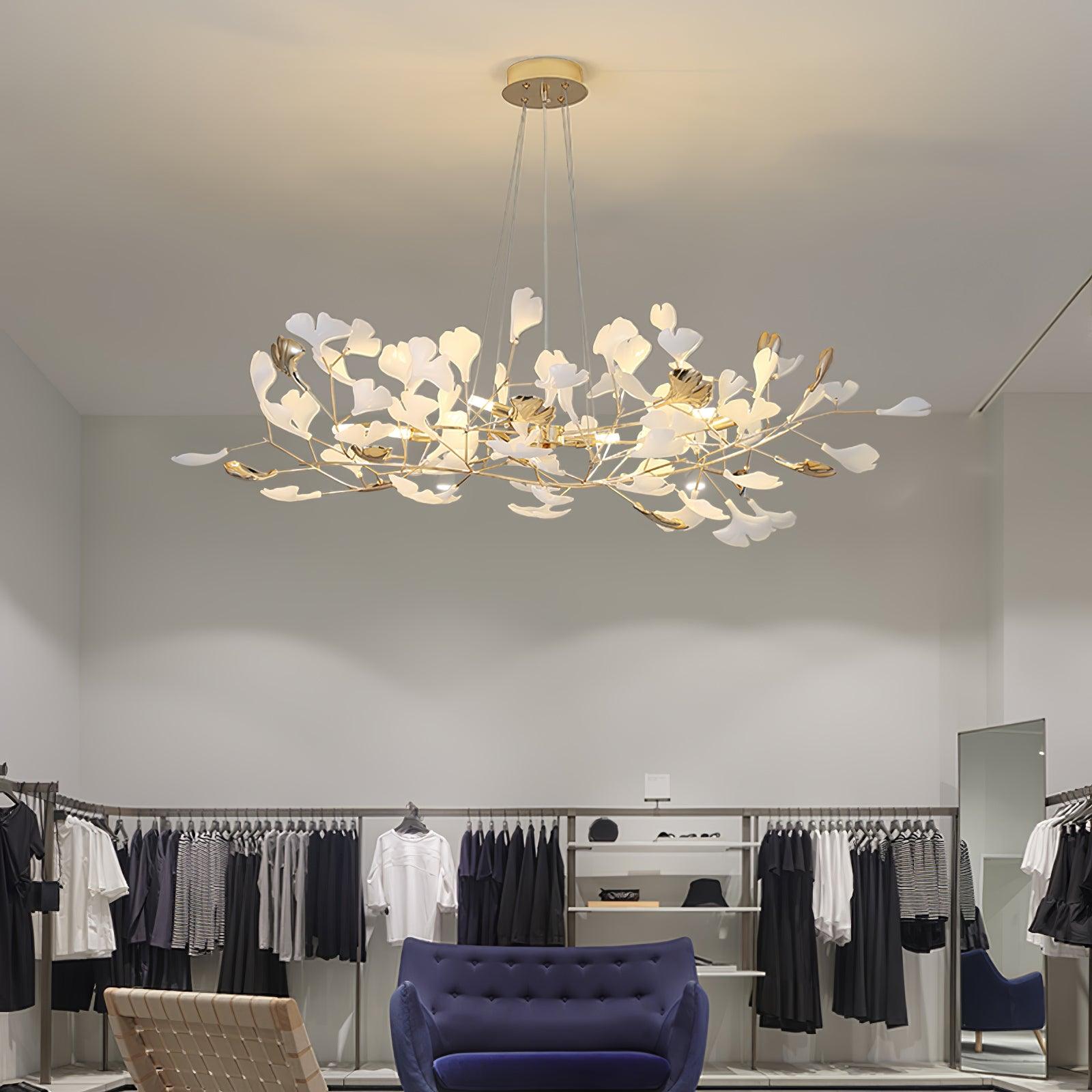 Modern Gingko Leaf Ceramic Crown Chandelier Iron Linear Pendant Light