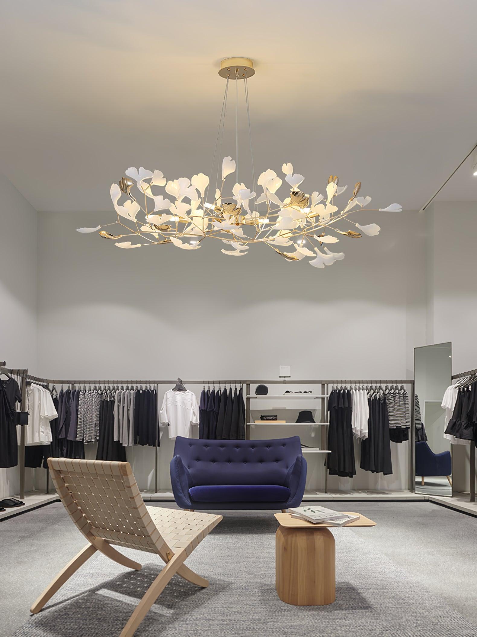 Modern Gingko Leaf Ceramic Crown Chandelier Iron Linear Pendant Light