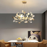 Modern Gingko Leaf Ceramic Crown Chandelier Iron Linear Pendant Light