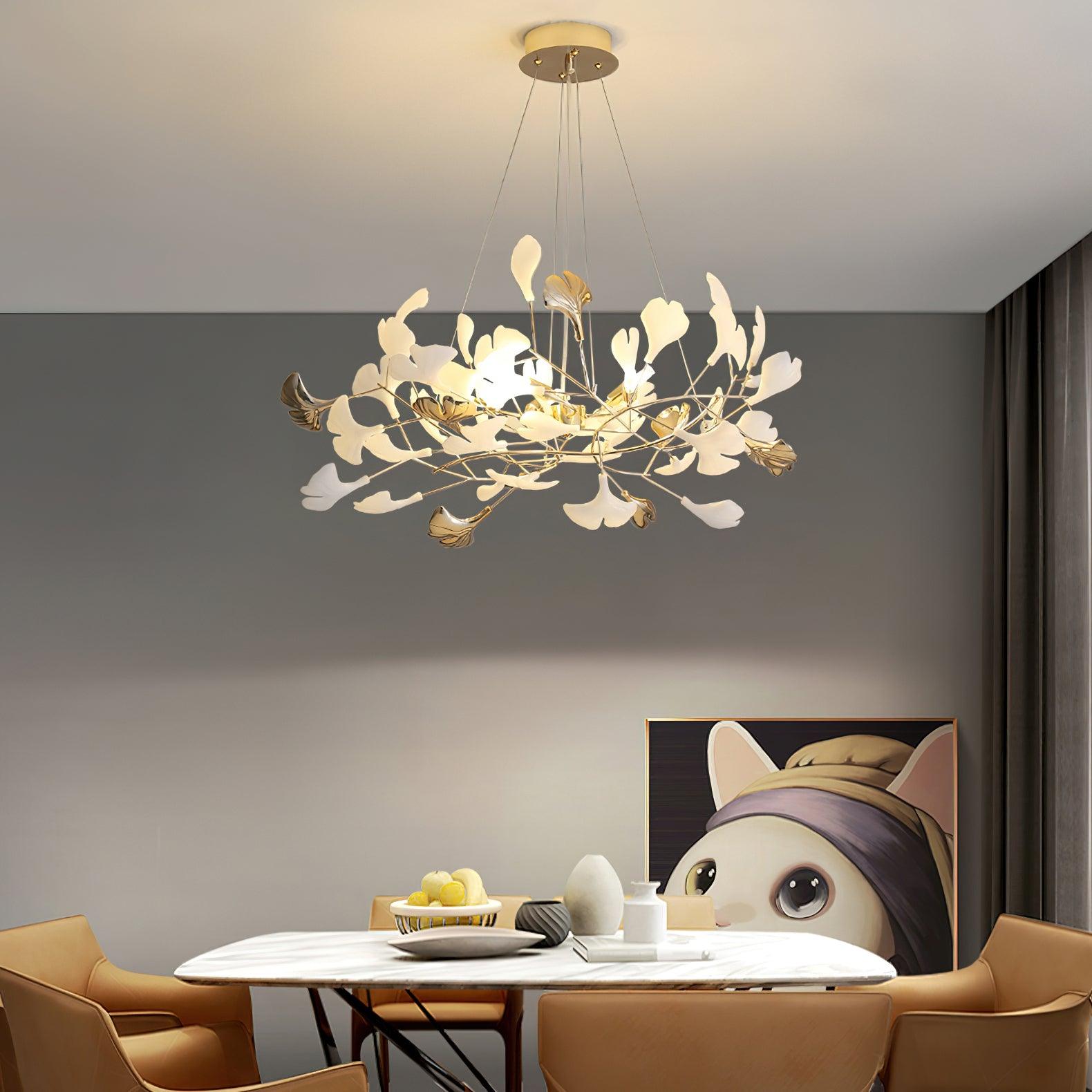Modern Gingko Leaf Ceramic Crown Chandelier Iron Linear Pendant Light
