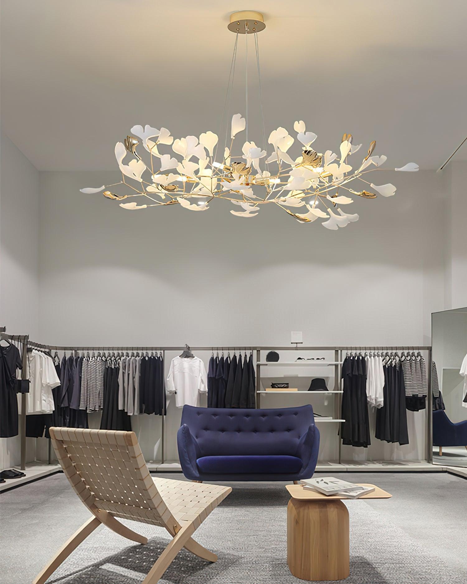 Modern Gingko Leaf Ceramic Crown Chandelier Iron Linear Pendant Light