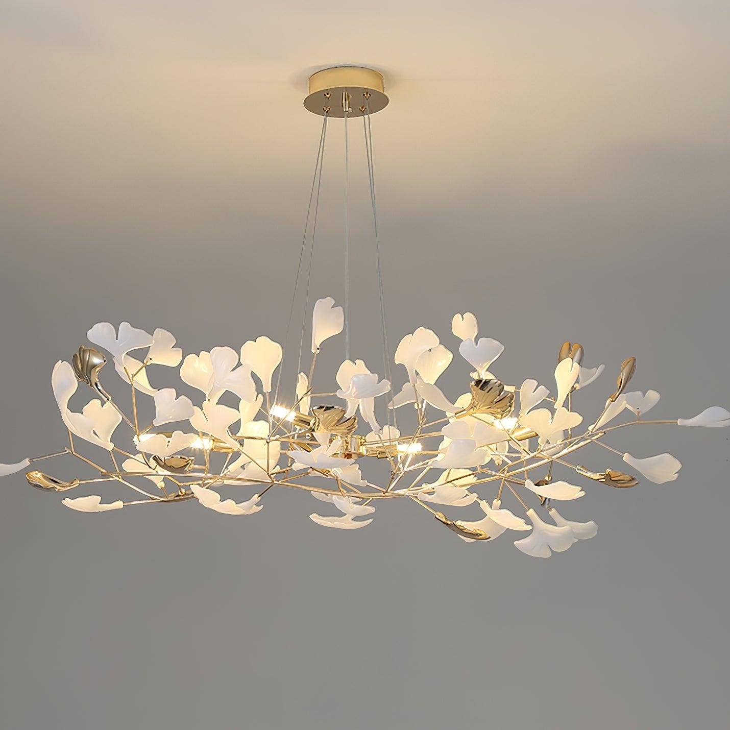 Modern Gingko Leaf Ceramic Crown Chandelier Iron Linear Pendant Light