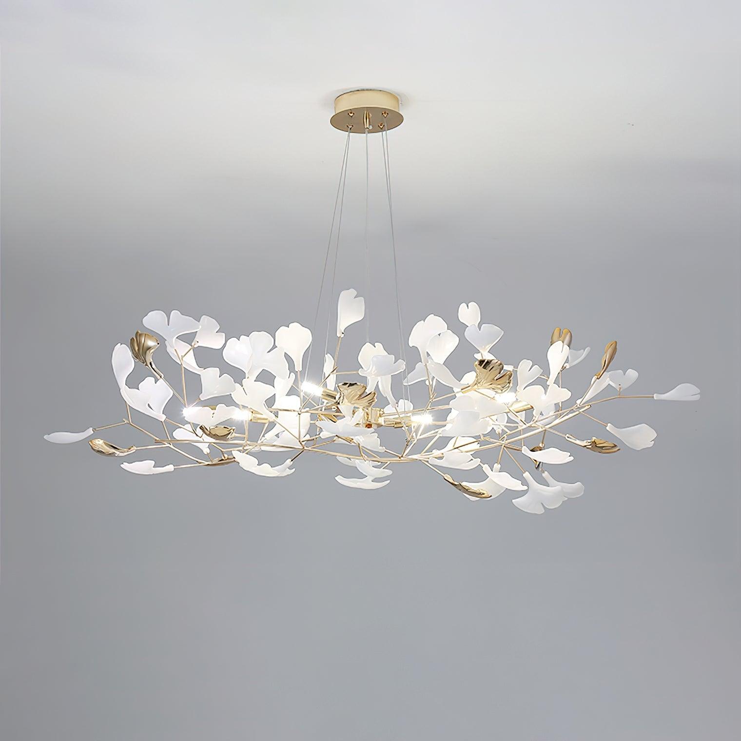 Modern Gingko Leaf Ceramic Crown Chandelier Iron Linear Pendant Light