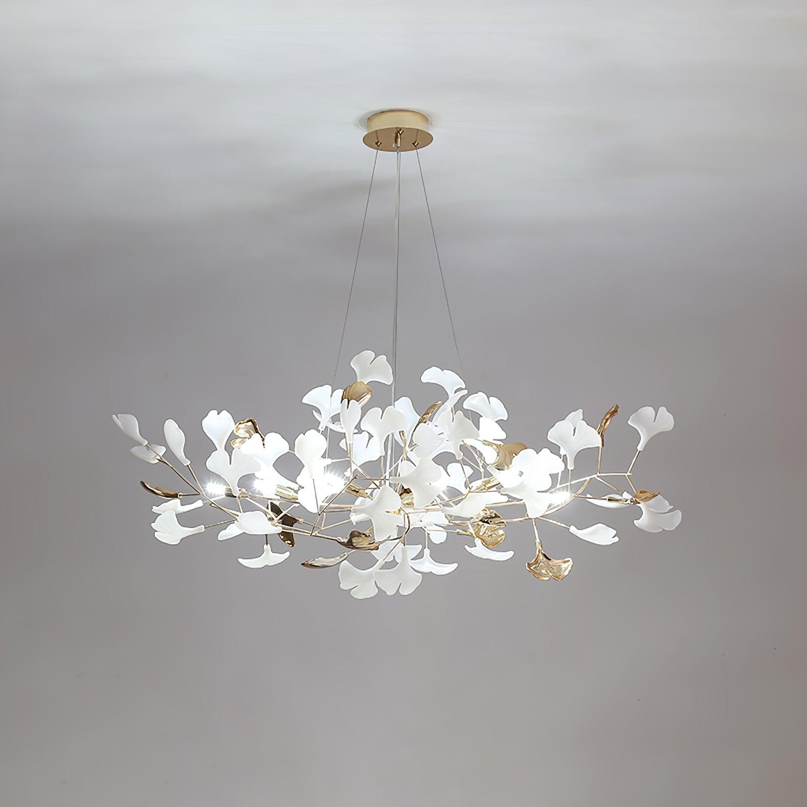 Modern Gingko Leaf Ceramic Crown Chandelier Iron Linear Pendant Light