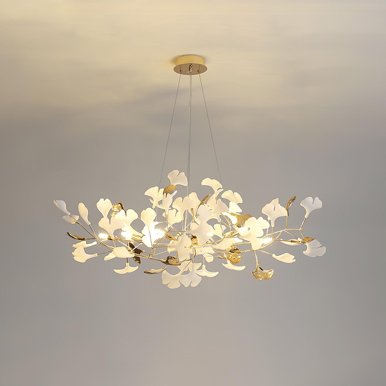 Modern Gingko Leaf Ceramic Crown Chandelier Iron Linear Pendant Light