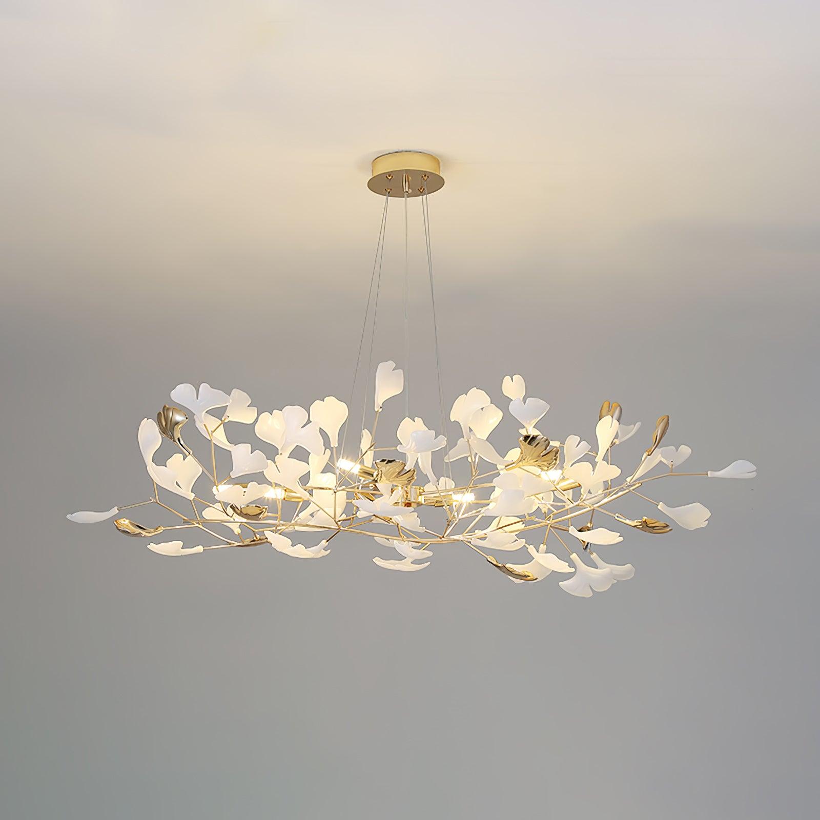 Modern Gingko Leaf Ceramic Crown Chandelier Iron Linear Pendant Light