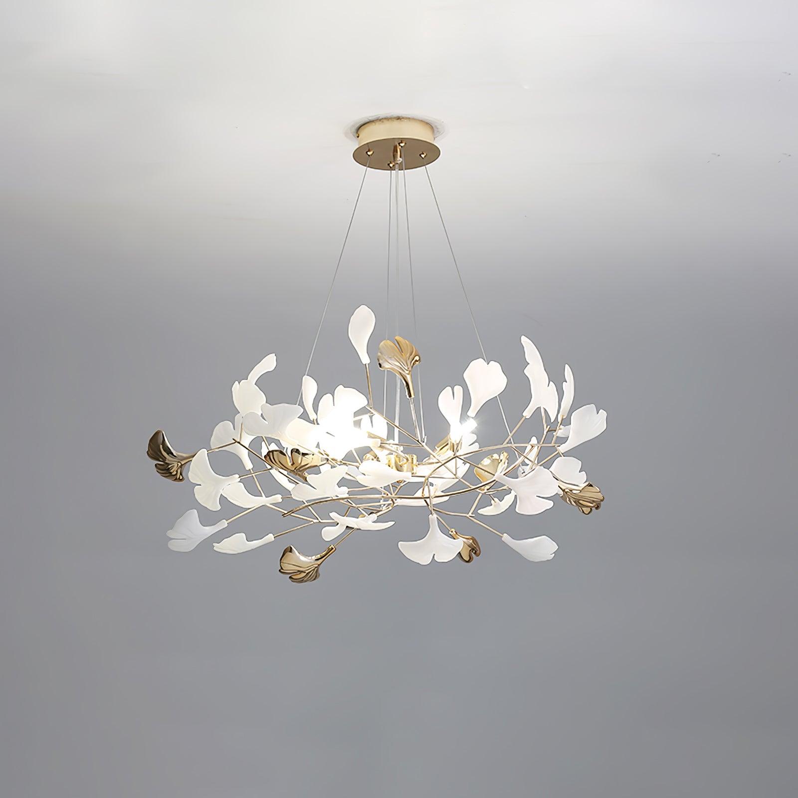 Modern Gingko Leaf Ceramic Crown Chandelier Iron Linear Pendant Light