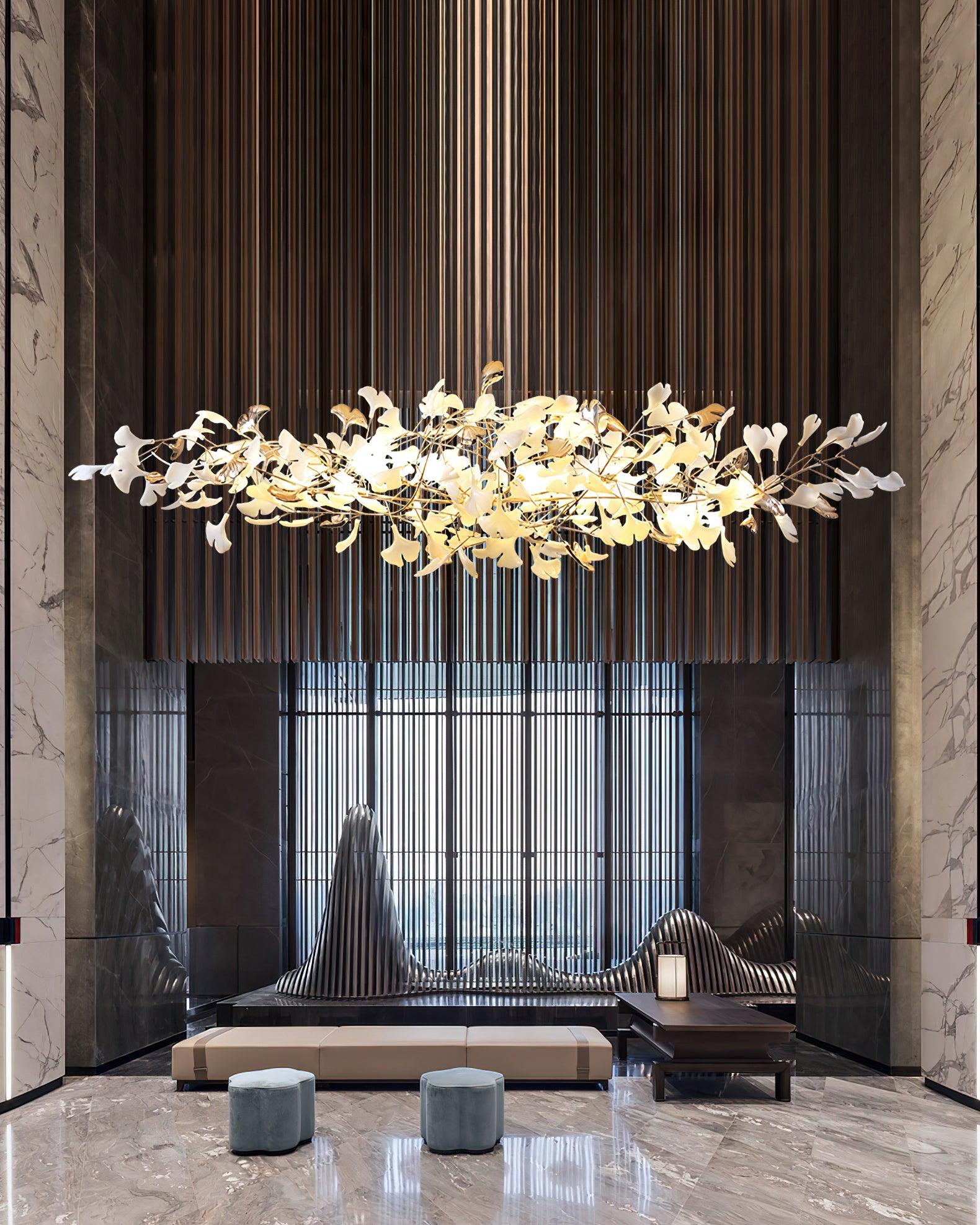 Modern Ginkgo Cloud Chandelier with Handcrafted Porcelain Leaves for Warm Artistic Lighting