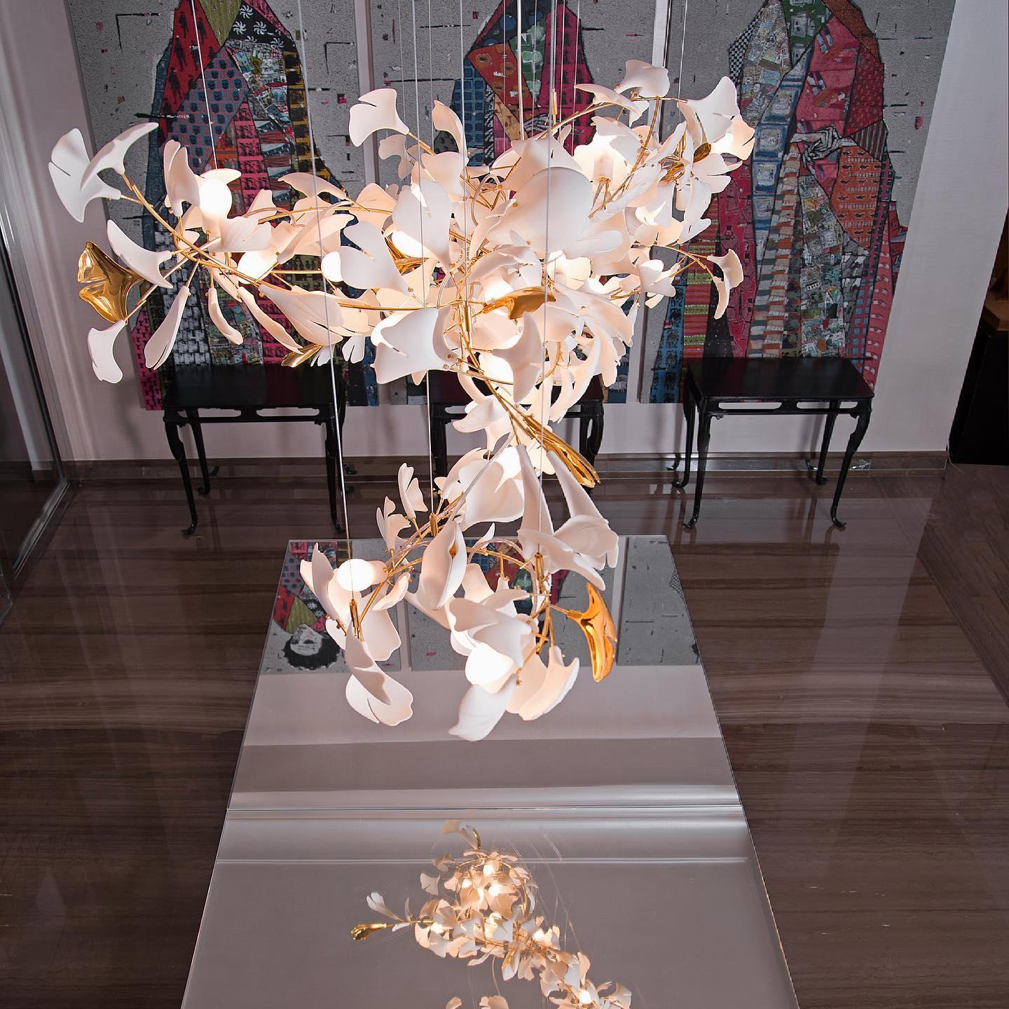 Modern Ginkgo Leaf Porcelain Chandelier Luxury Ceramic Candelabrum Lighting