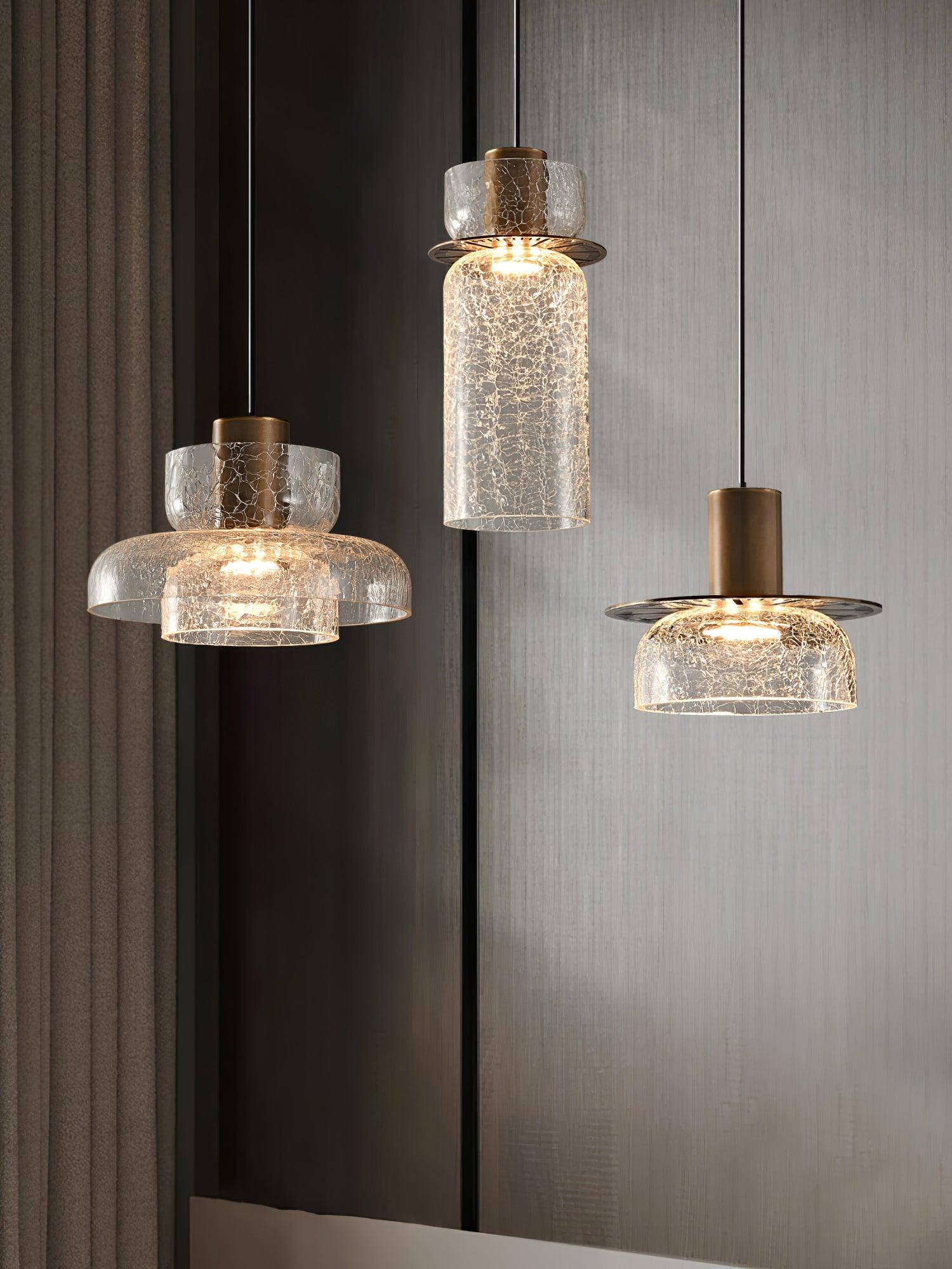 Modern Glacier Crackle Glass LED Pendant Light Bronze Finish for Kitchen Island