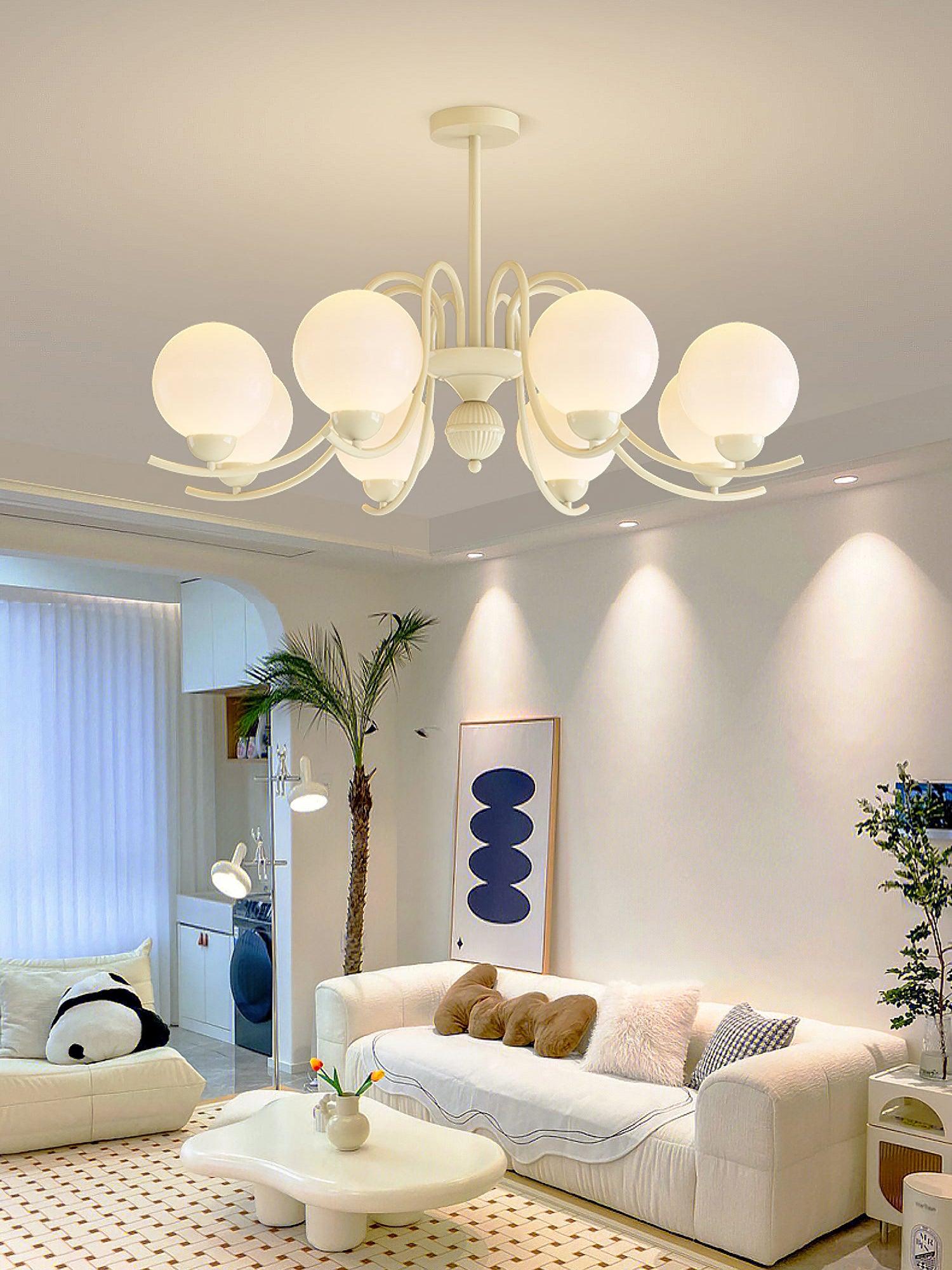 Modern Glass Ball Chandelier Creamy White Globe Ceiling Light Fixture for Living Room