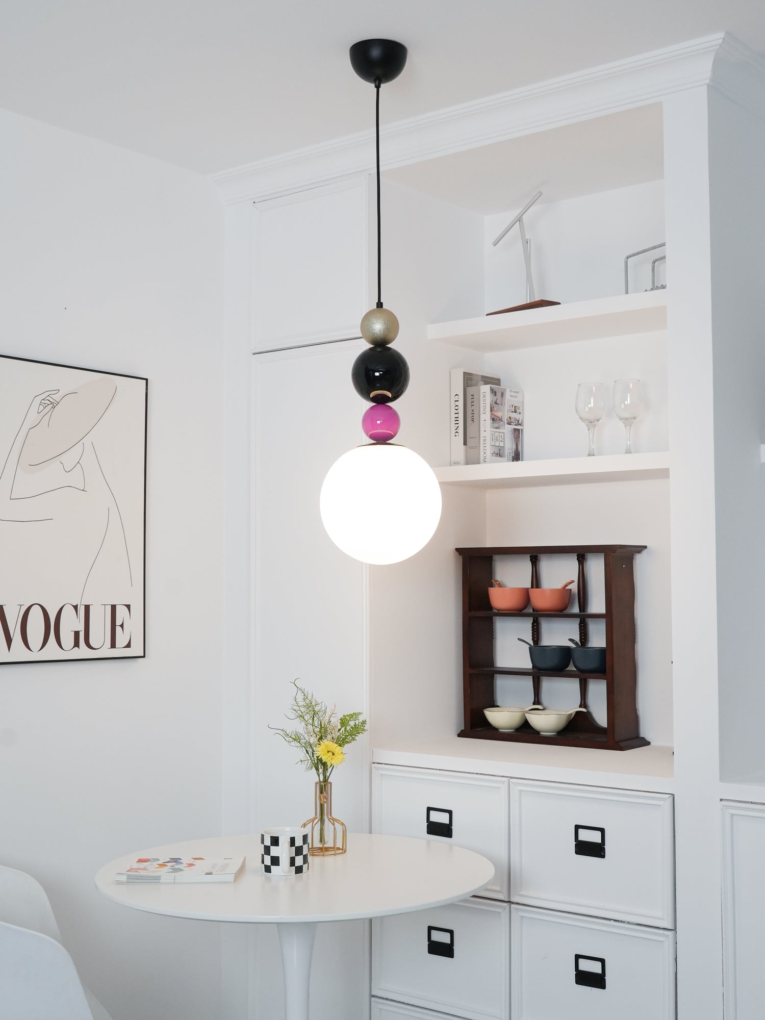 Modern Glass Ball Stacking Pendant Lamp Pink and Black Metal Ceiling Fixture