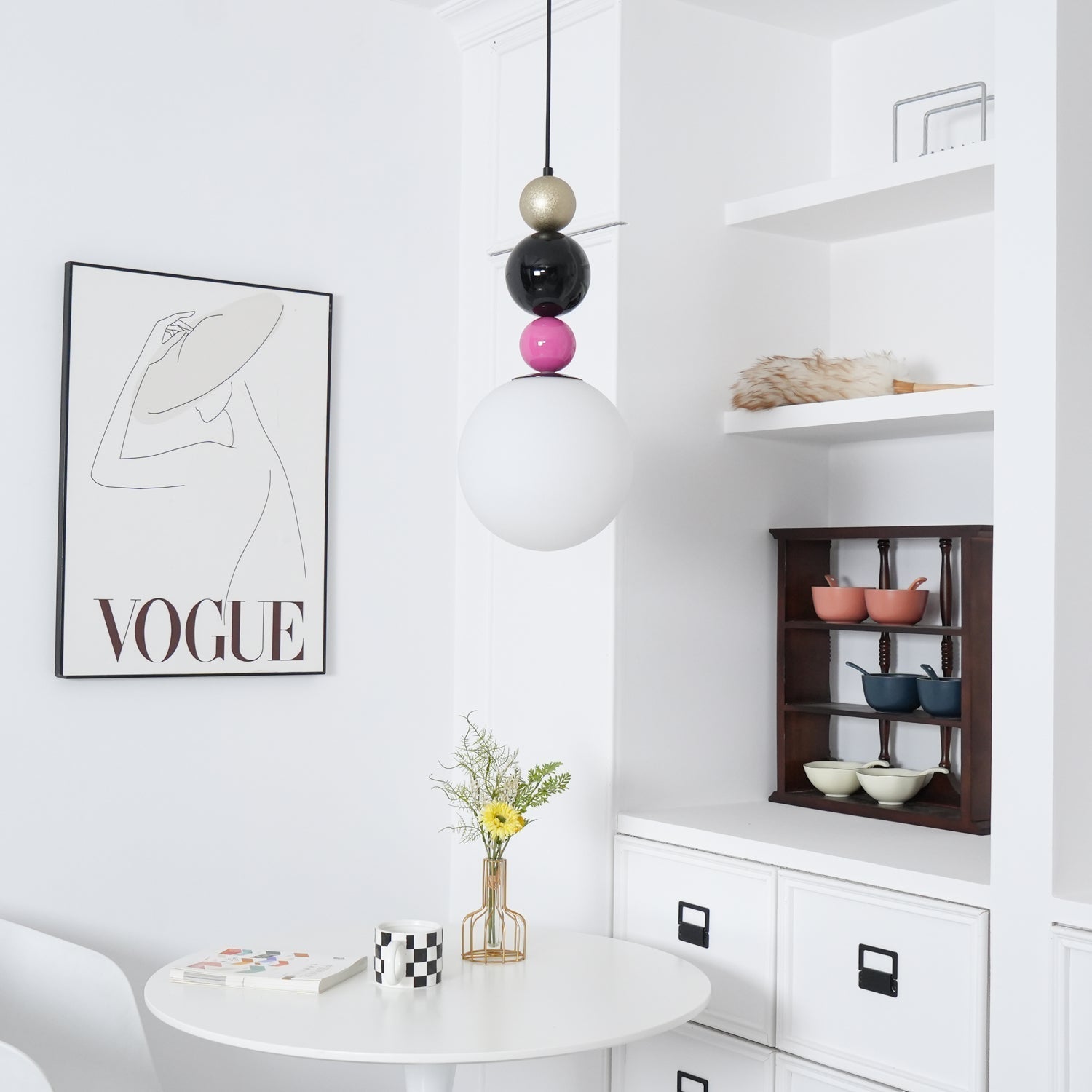 Modern Glass Ball Stacking Pendant Lamp Pink and Black Metal Ceiling Fixture