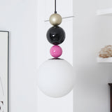 Modern Glass Ball Stacking Pendant Lamp Pink and Black Metal Ceiling Fixture