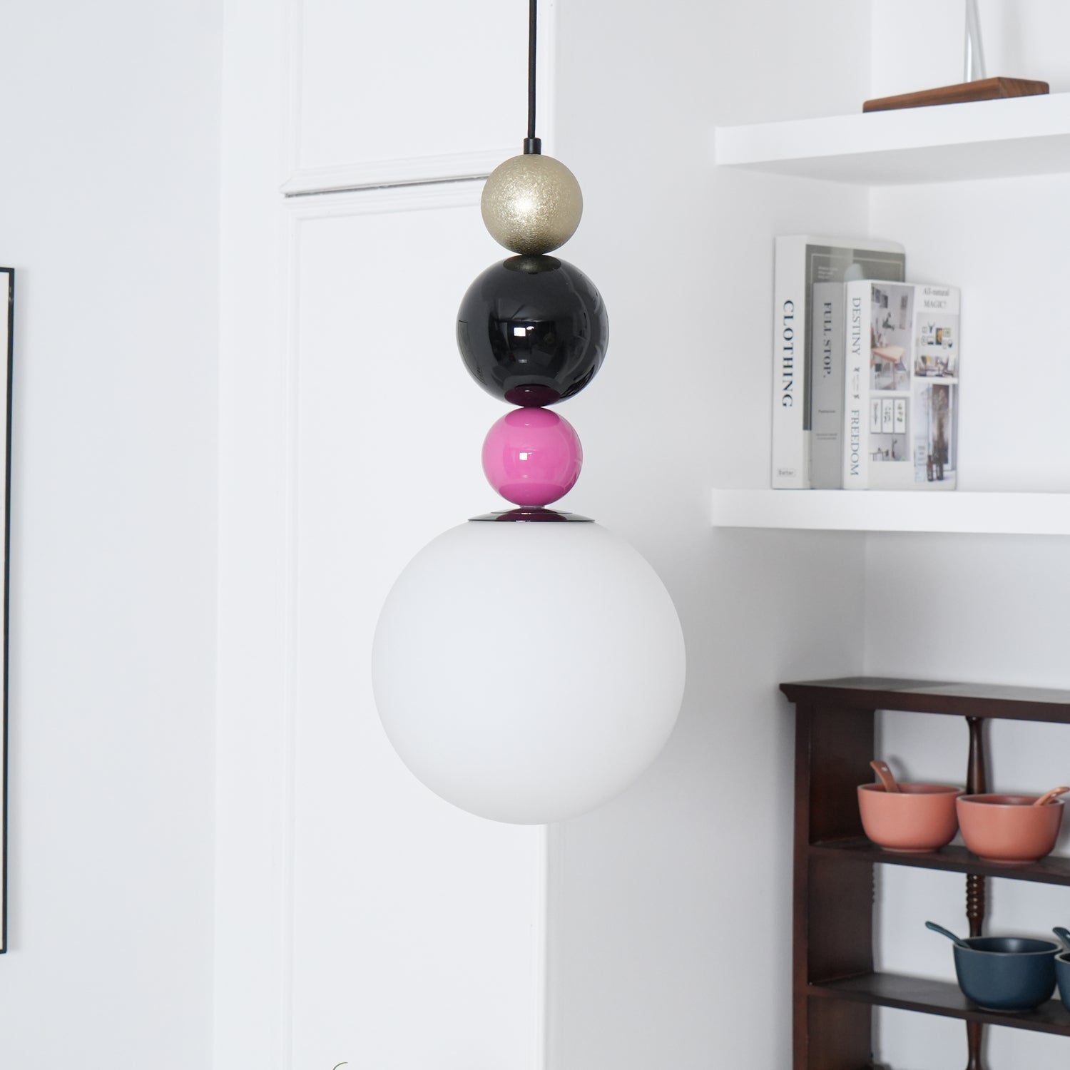 Modern Glass Ball Stacking Pendant Lamp Pink and Black Metal Ceiling Fixture