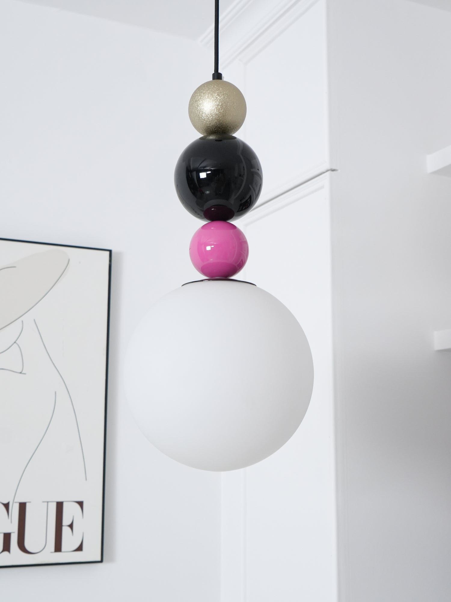 Modern Glass Ball Stacking Pendant Lamp Pink and Black Metal Ceiling Fixture