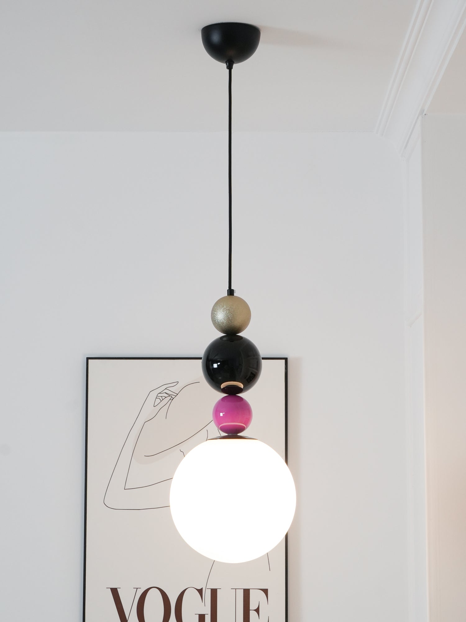 Modern Glass Ball Stacking Pendant Lamp Pink and Black Metal Ceiling Fixture