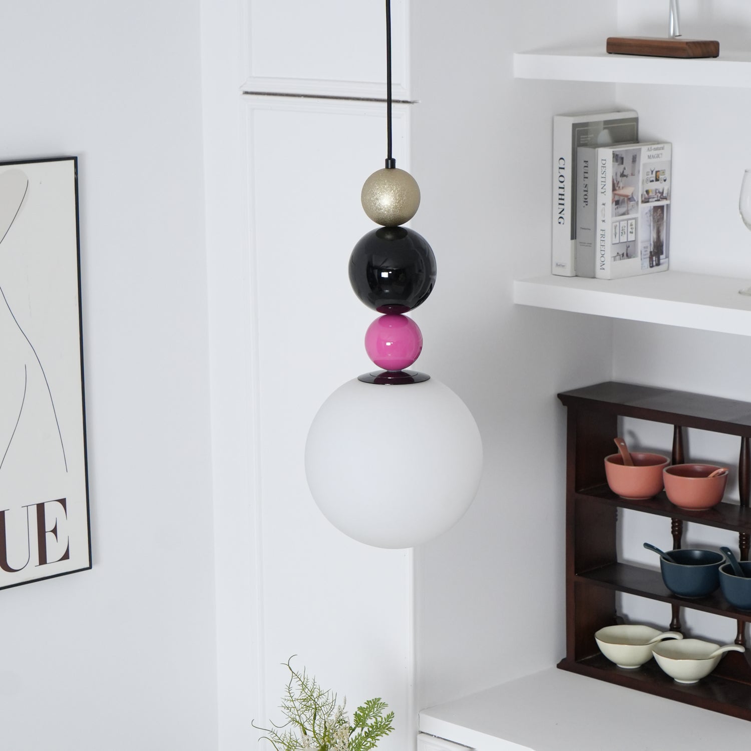 Modern Glass Ball Stacking Pendant Lamp Pink and Black Metal Ceiling Fixture