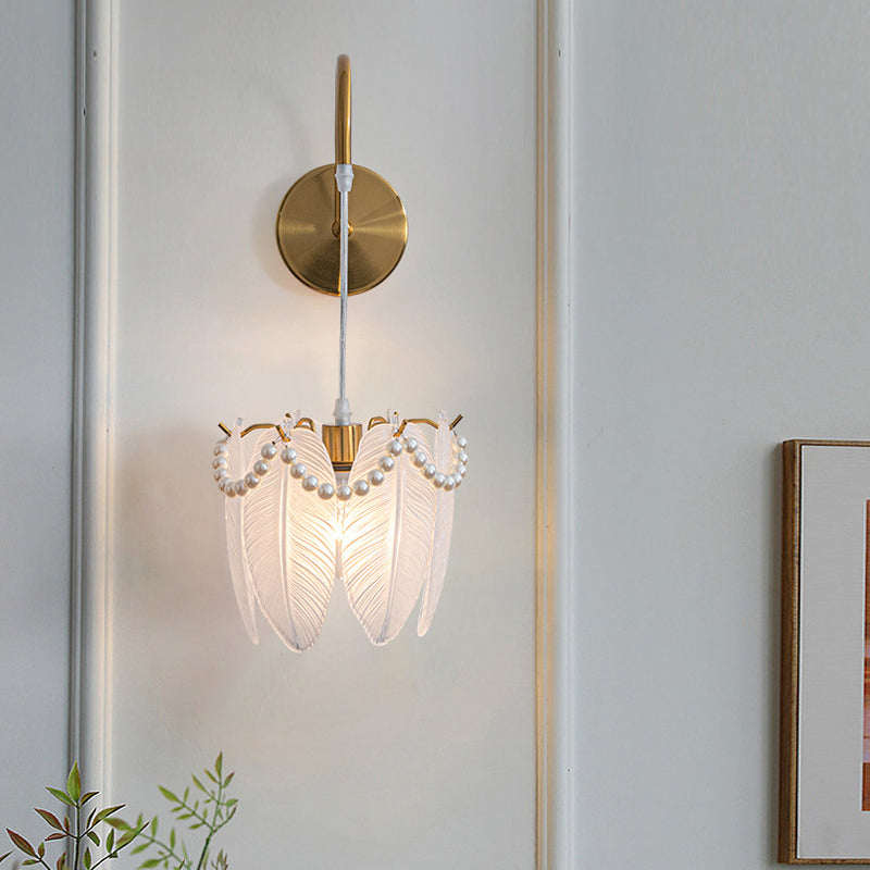 Modern Glass Feather Wall Light Copper Finish 3 Step Dimming Sconce for Bedroom Living Room