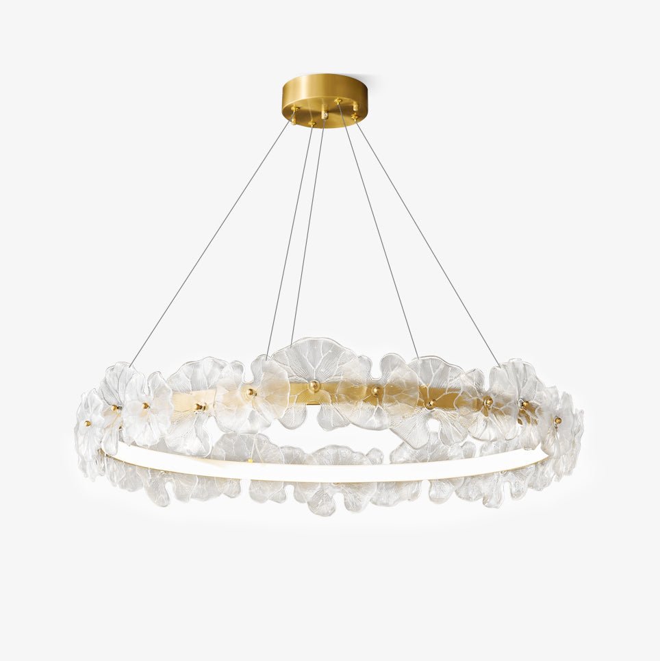 Modern Glass Flower Petal Halo Chandelier Brass LED Pendant Ceiling Light