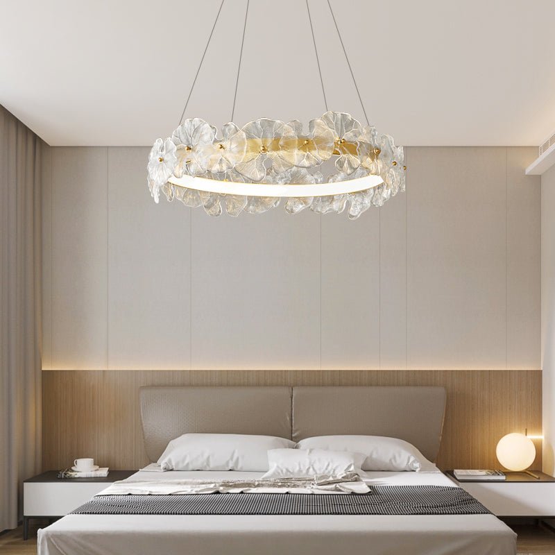 Modern Glass Flower Petal Halo Chandelier Brass LED Pendant Ceiling Light