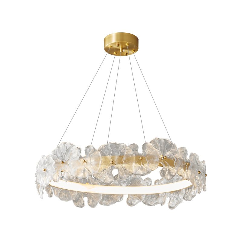 Modern Glass Flower Petal Halo Chandelier Brass LED Pendant Ceiling Light