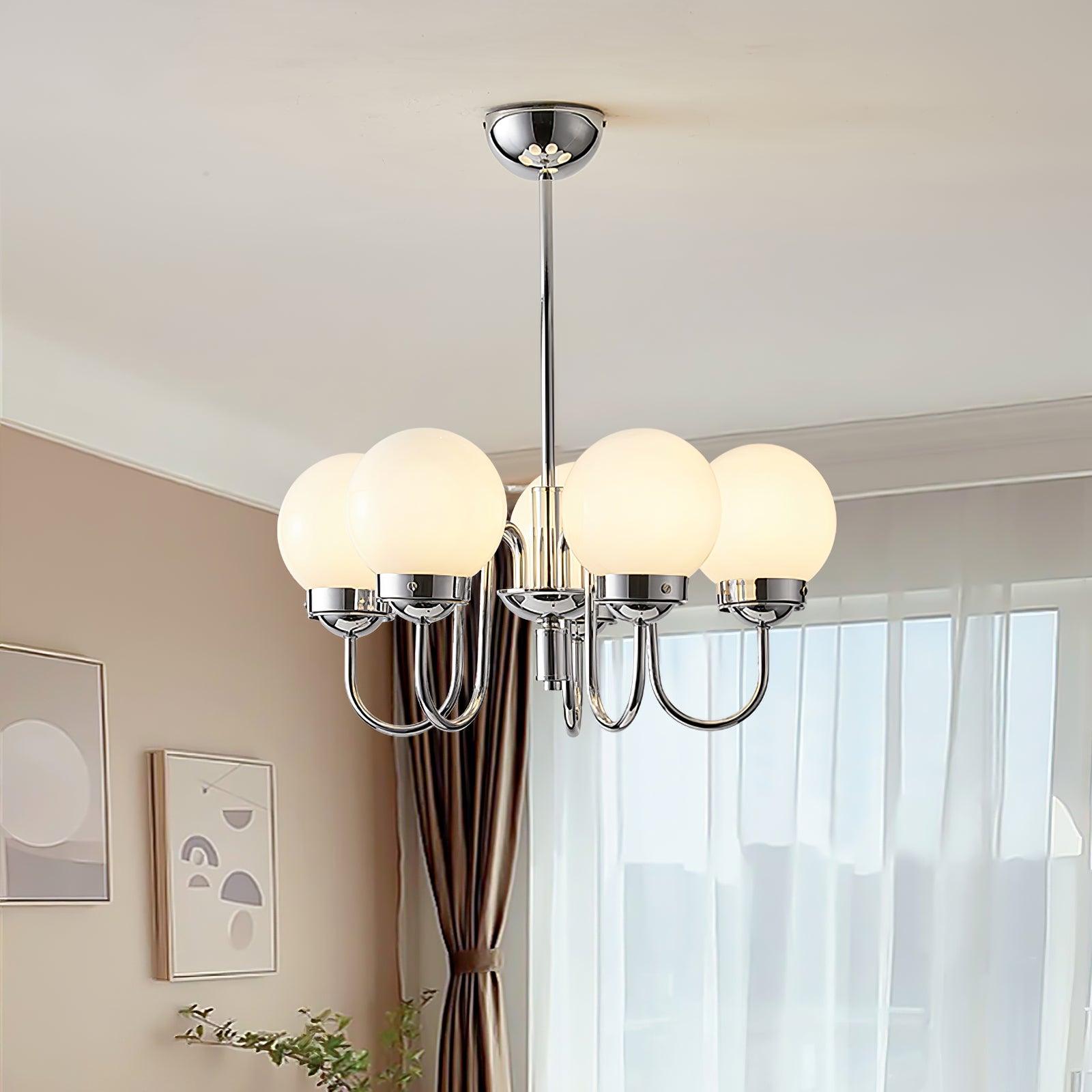 Modern Glass Globe Crown Chandelier with Elegant Chrome Curved Arms
