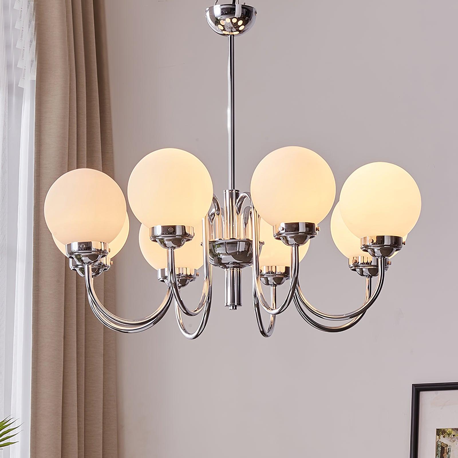Modern Glass Globe Crown Chandelier with Elegant Chrome Curved Arms