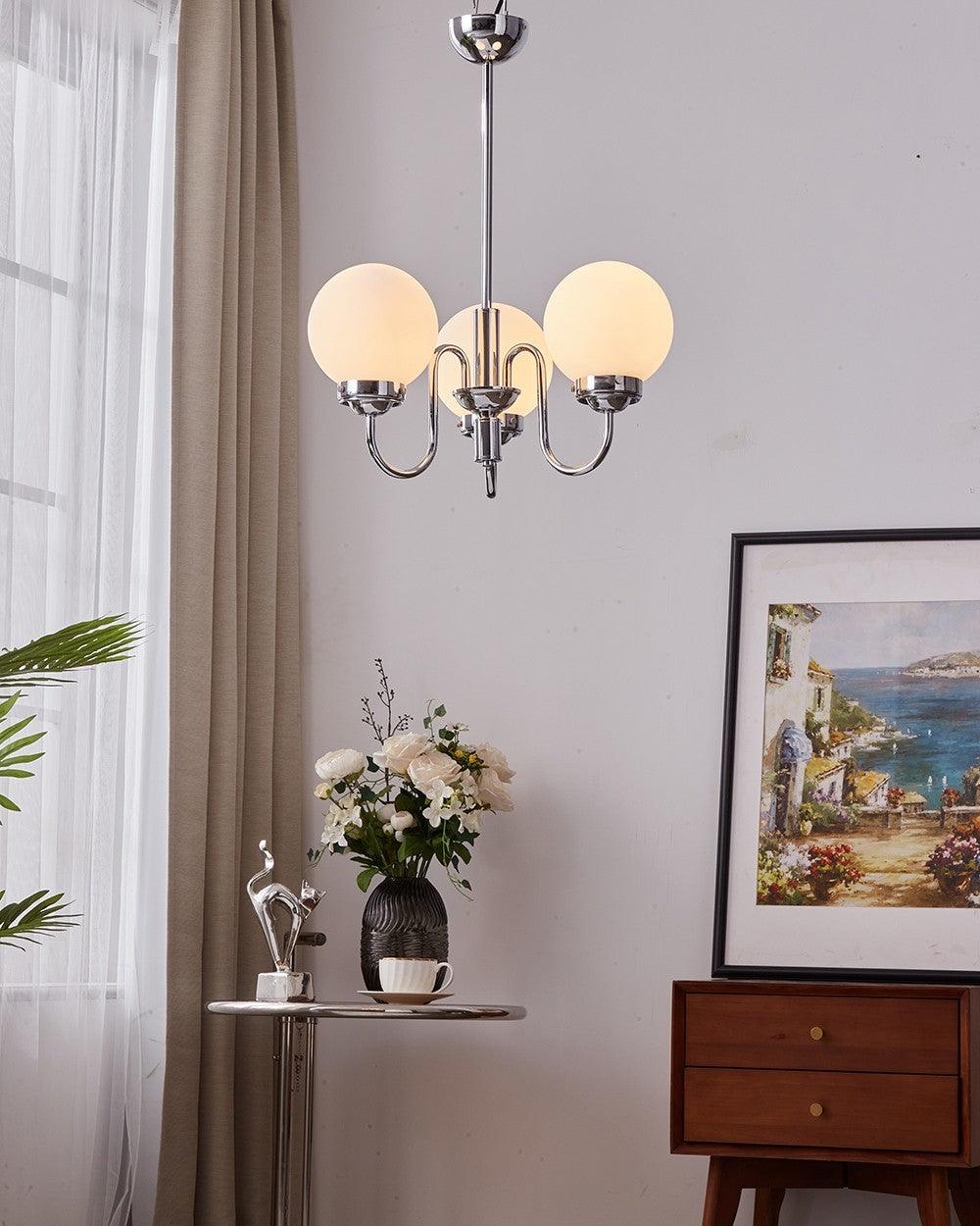Modern Glass Globe Crown Chandelier with Elegant Chrome Curved Arms