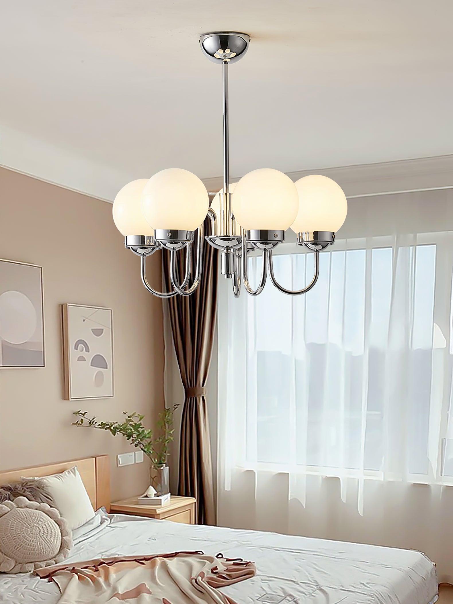 Modern Glass Globe Crown Chandelier with Elegant Chrome Curved Arms