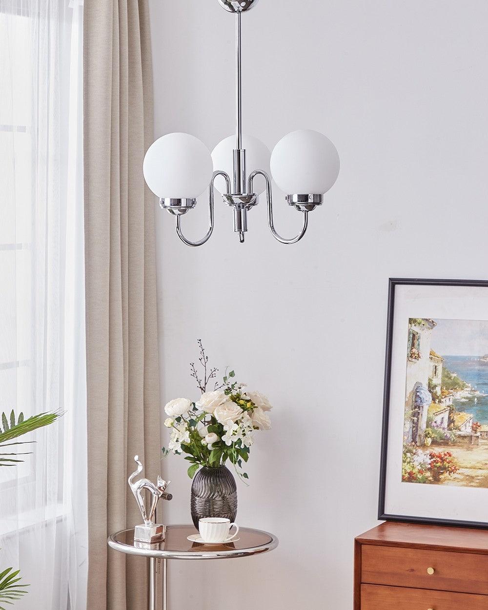 Modern Glass Globe Crown Chandelier with Elegant Chrome Curved Arms