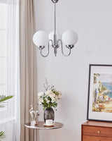 Modern Glass Globe Crown Chandelier with Elegant Chrome Curved Arms