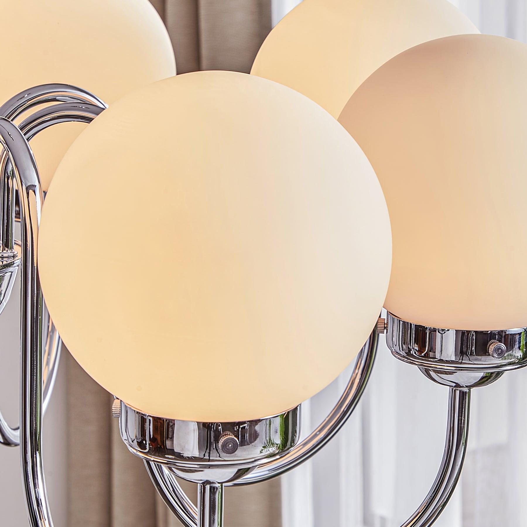Modern Glass Globe Crown Chandelier with Elegant Chrome Curved Arms