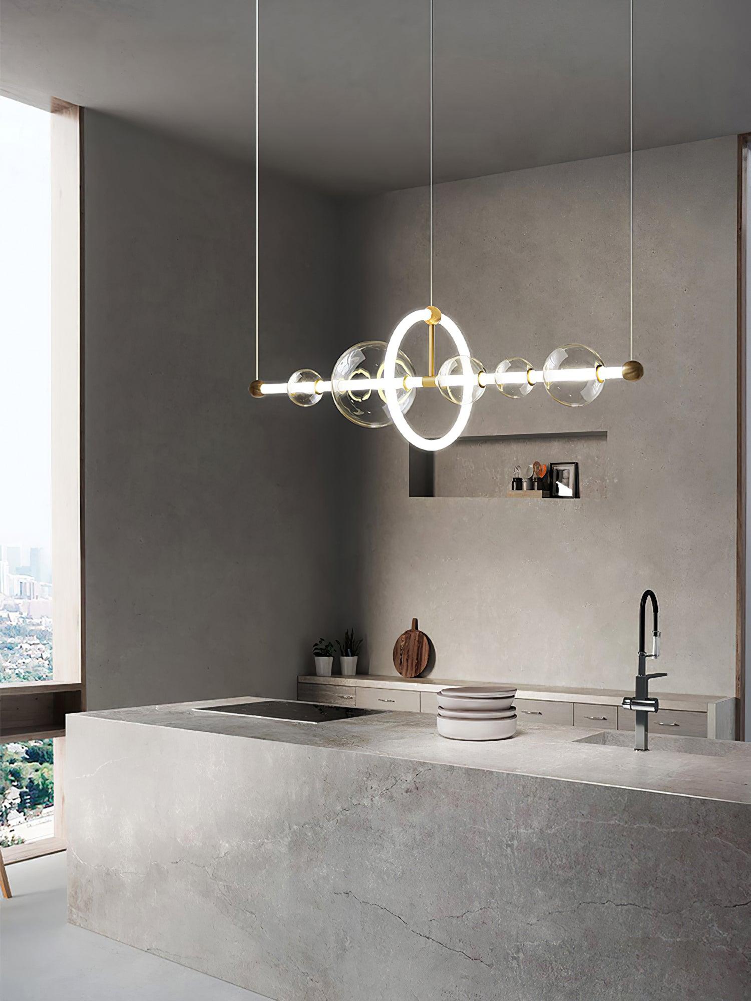 Modern Glass Globe LED Chandelier Gold Ring Pendant Light for Dining Room and Living Space