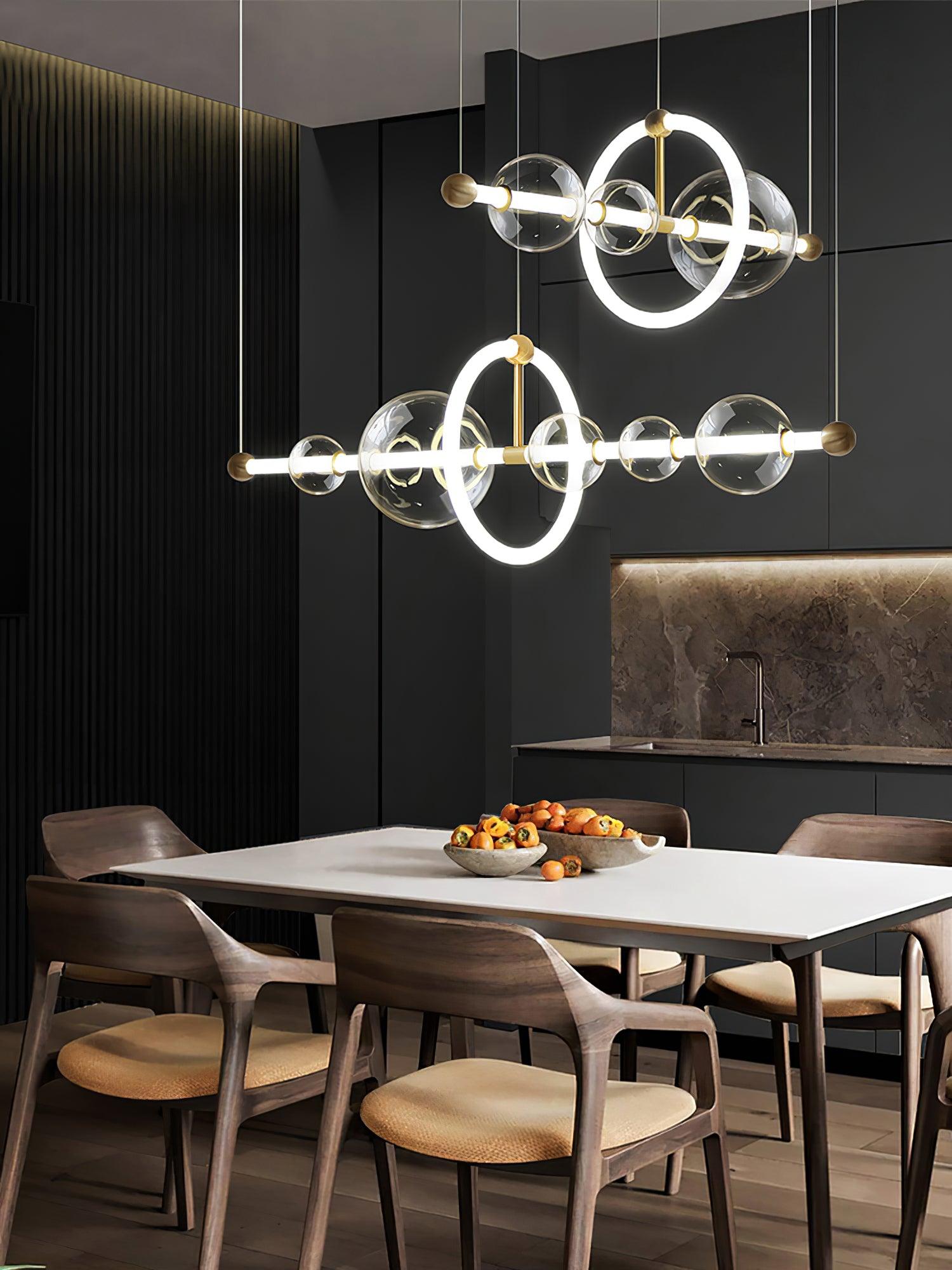 Modern Glass Globe LED Chandelier Gold Ring Pendant Light for Dining Room and Living Space