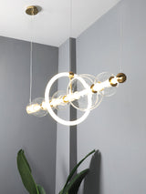 Modern Glass Globe LED Chandelier Gold Ring Pendant Light for Dining Room and Living Space