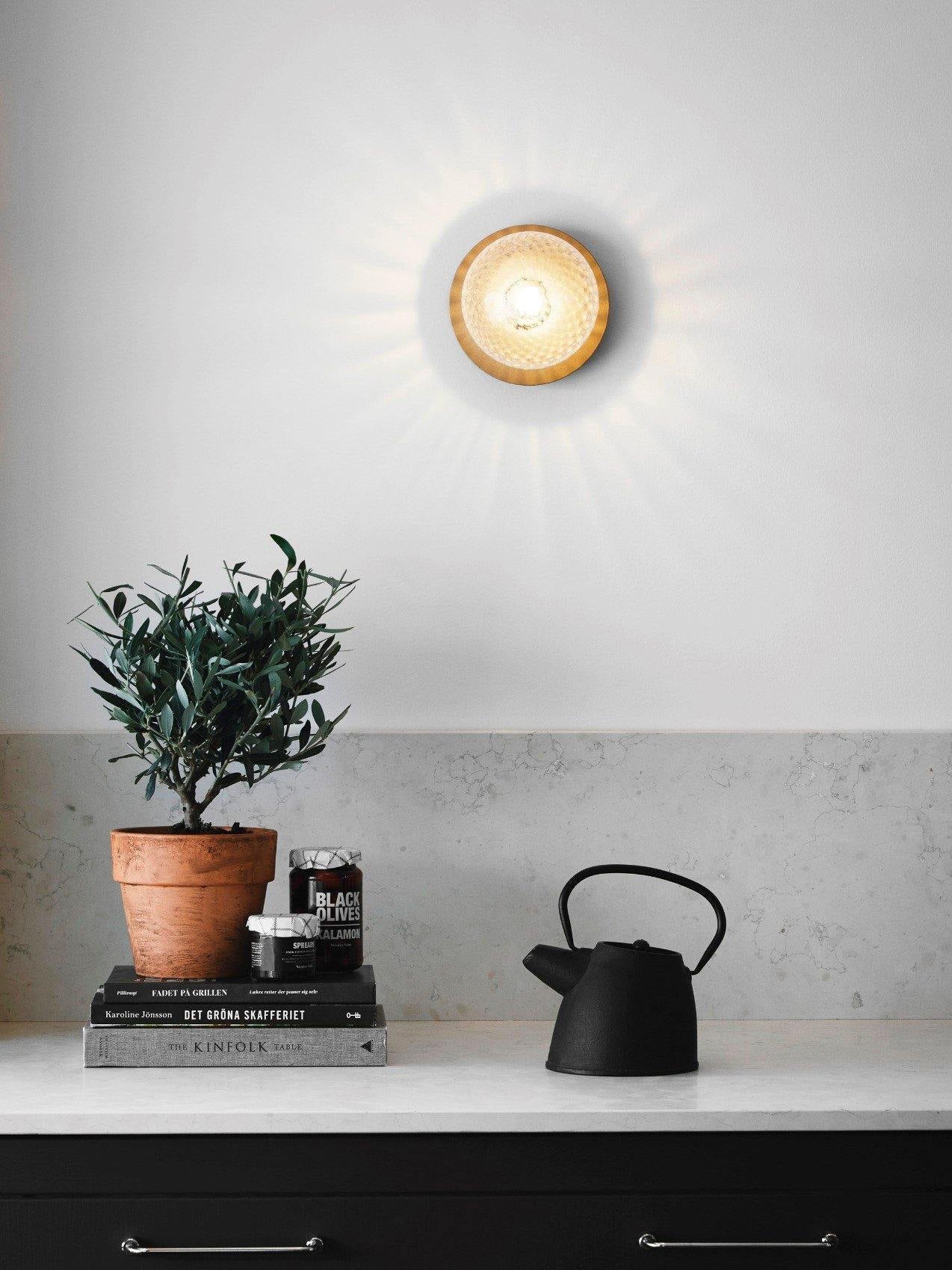 Modern Glass Globe Wall Sconce and Ceiling Lamp with Brass Metal Disc for Elegant Interior Decor