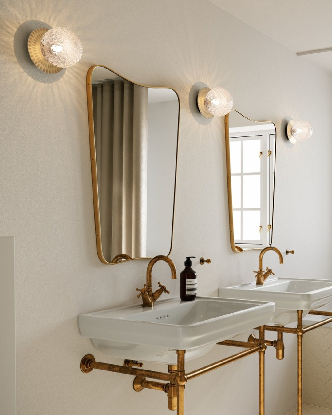 Modern Glass Globe Wall Sconce and Ceiling Lamp with Brass Metal Disc for Elegant Interior Decor