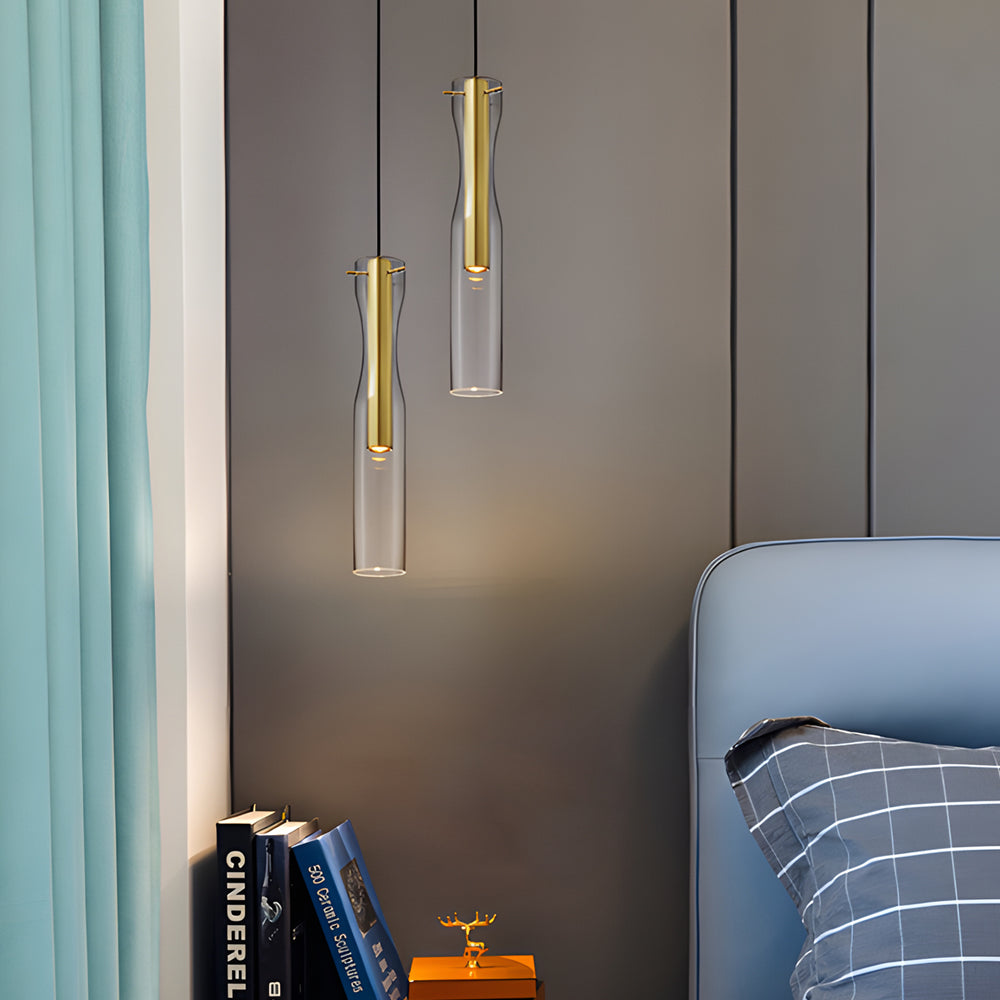 Modern Glass Tube Copper Pendant Light with 3 Color Dimming LED for Living Room