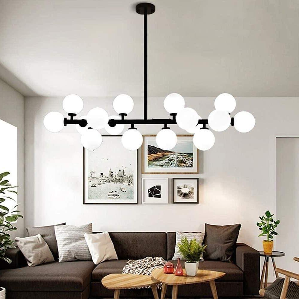 Modern Gold 16 Light Linear Kitchen Island Chandelier with Milky White Glass Globes