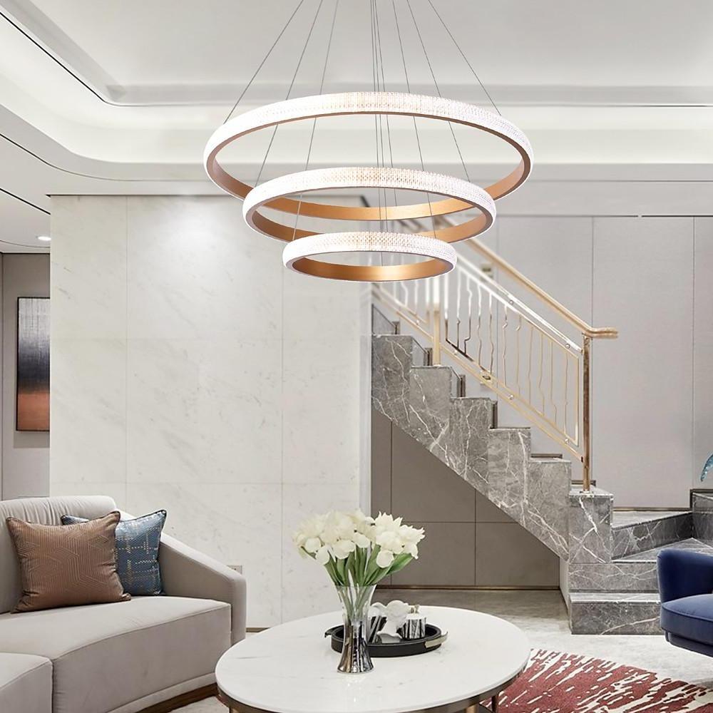 Modern Gold 3 Ring LED Chandelier Adjustable Hanging Pendant Light for Kitchen Island and Dining Room