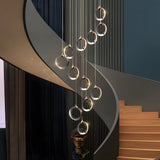 Modern Gold and Black LED Ring Cluster Staircase Chandelier for High Ceilings and Foyers
