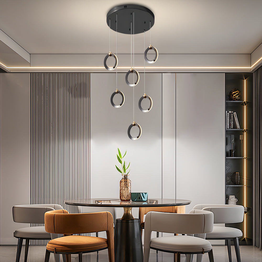 Modern Gold and Black LED Ring Cluster Staircase Chandelier for High Ceilings and Foyers
