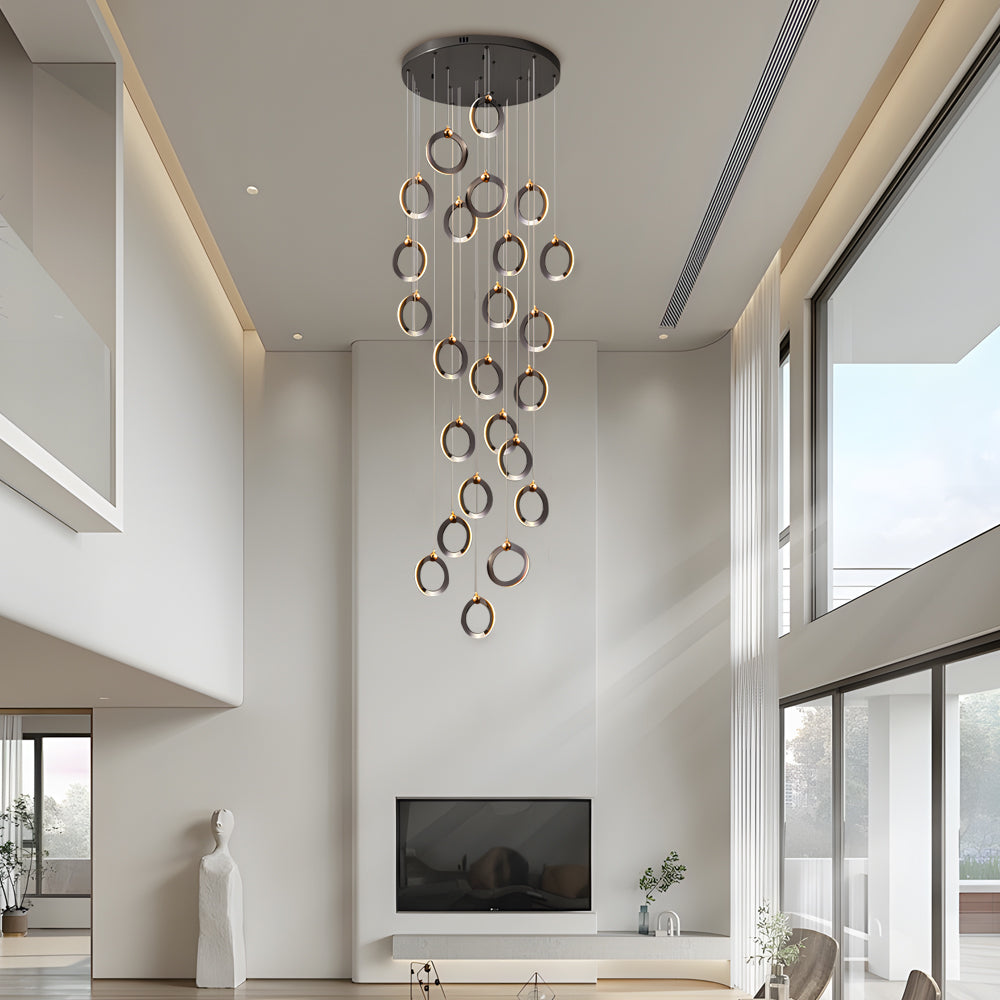 Modern Gold and Black LED Ring Cluster Staircase Chandelier for High Ceilings and Foyers
