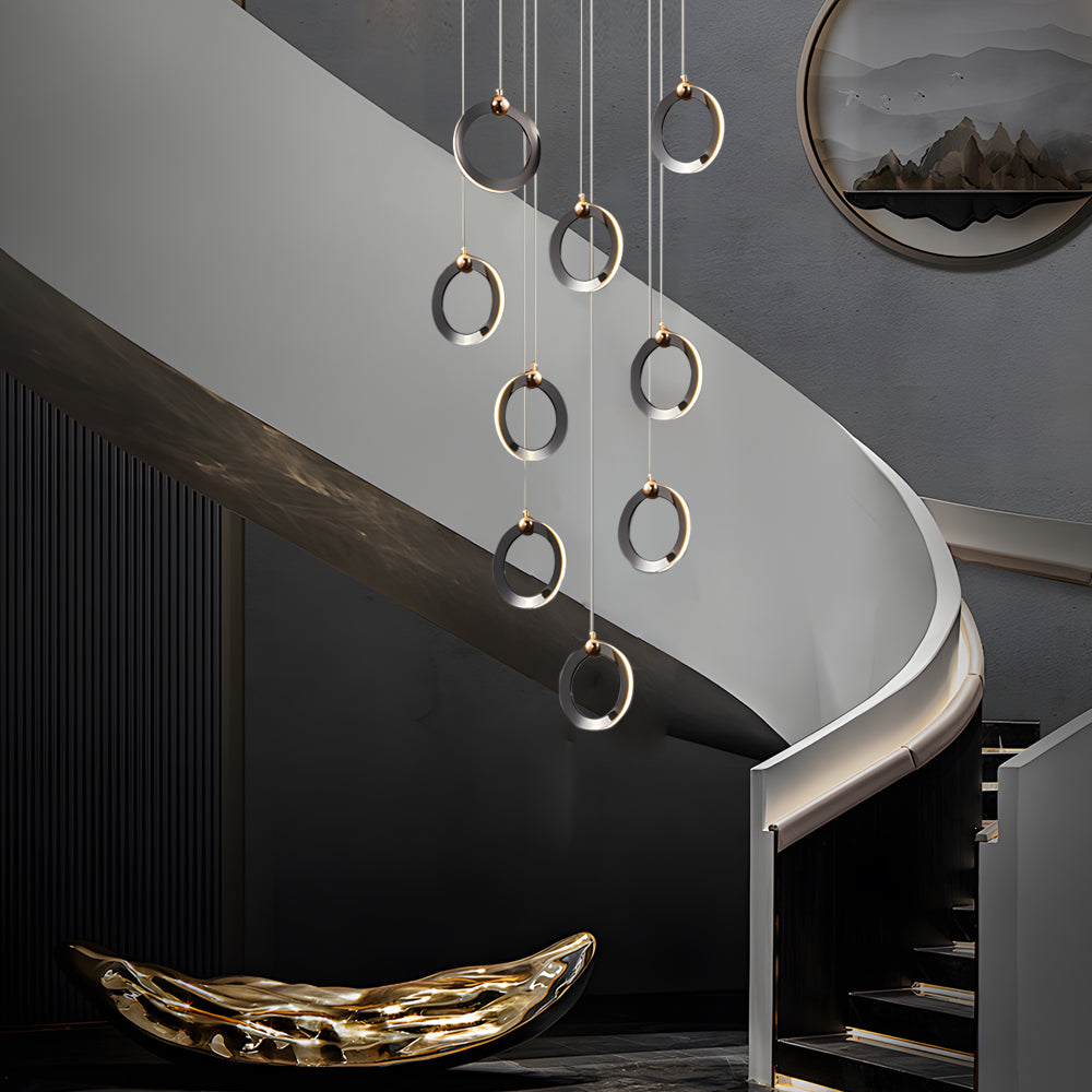 Modern Gold and Black LED Ring Cluster Staircase Chandelier for High Ceilings and Foyers