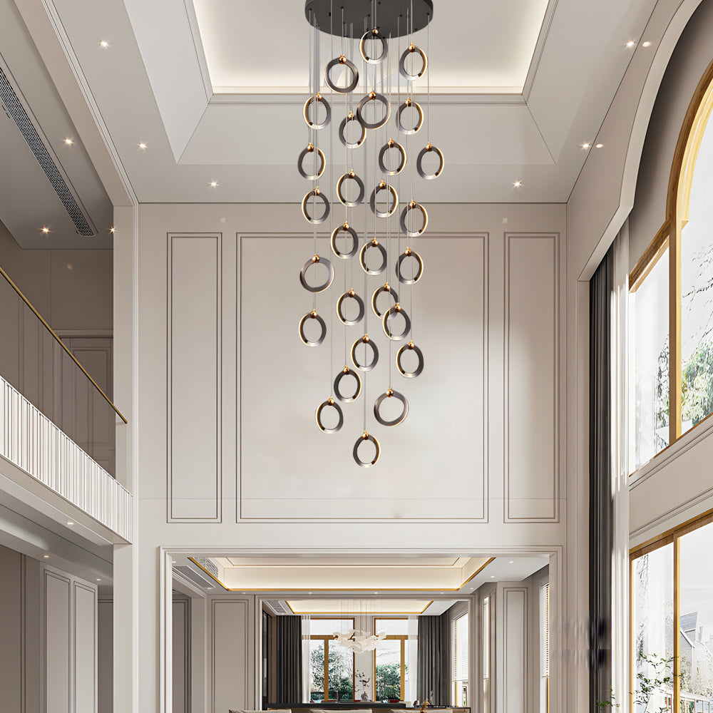 Modern Gold and Black LED Ring Cluster Staircase Chandelier for High Ceilings and Foyers