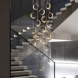 Modern Gold and Black LED Ring Cluster Staircase Chandelier for High Ceilings and Foyers