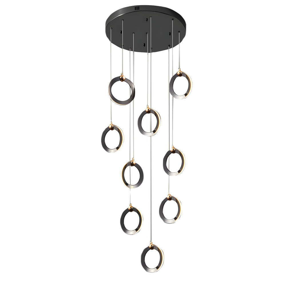 Modern Gold and Black LED Ring Cluster Staircase Chandelier for High Ceilings and Foyers